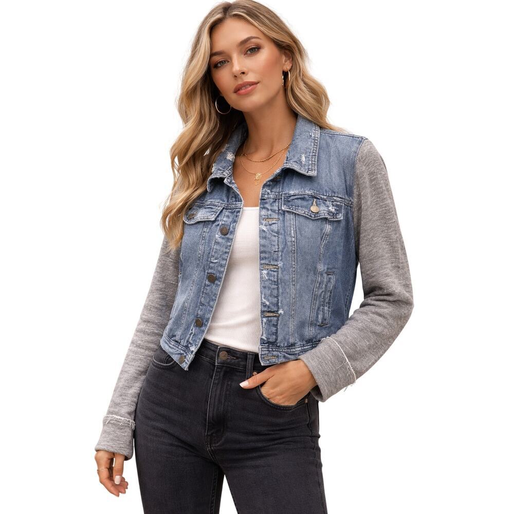 Free People Distressed Denim Jacket Mixed Fabric Knit Sleeve Moto Trucker Size M